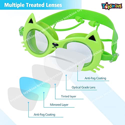 Image of Toyshine Swim Goggles, (Cat Design) Anti Fog No Leaking Clear Vision Water Pool Swimming Goggles (Age 6-14), Green