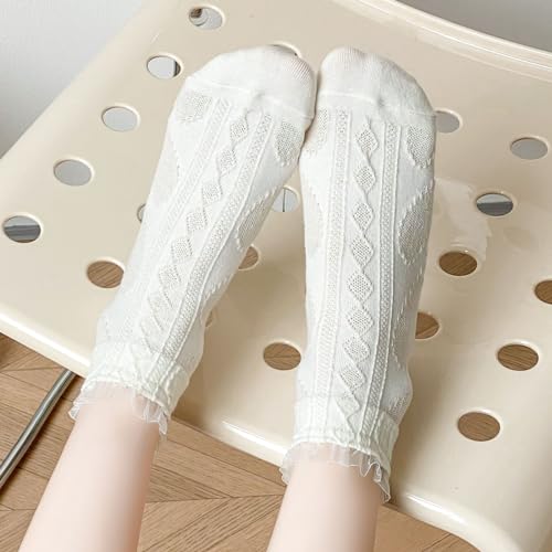 zrylibya Women Ruffle Frilly Lace Trim Ankle Socks Heart Pattern Textured Casual Cute Low Cut Socks 5 Pairs4