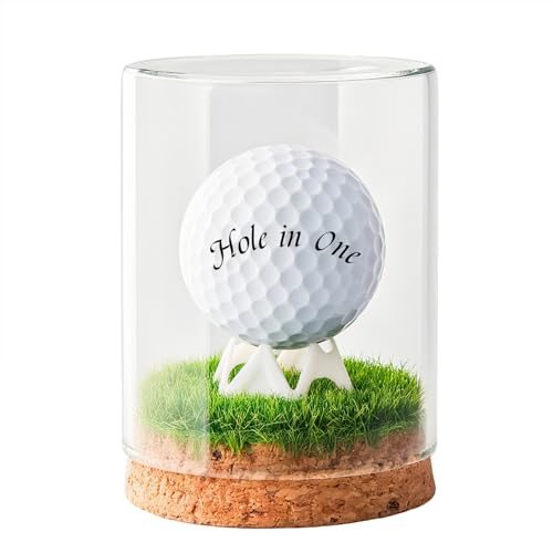 Rocalt Golf Ball Display Case, Hole in One Golf Ball Display Case, Clear Glass Golf Ball Holder with Cork Base, Lifelike Turf, and Plastics Tee, Golf Gifts Decor