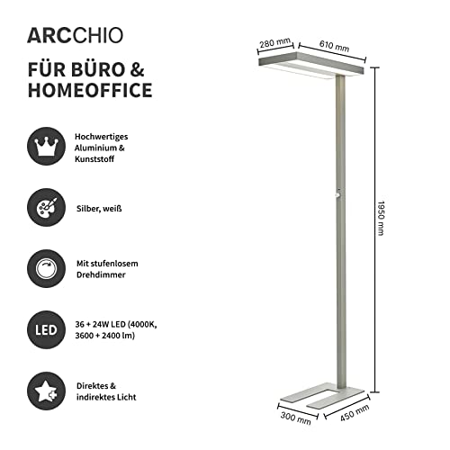 Arcchio LED Büro Stehlampe dimmbar silber, Bürolampe Stehlampe Uplight und Downlight, Deckenfluter 6000lm, 4000K, Standleuchte Office, Büro-Stehleuchte
