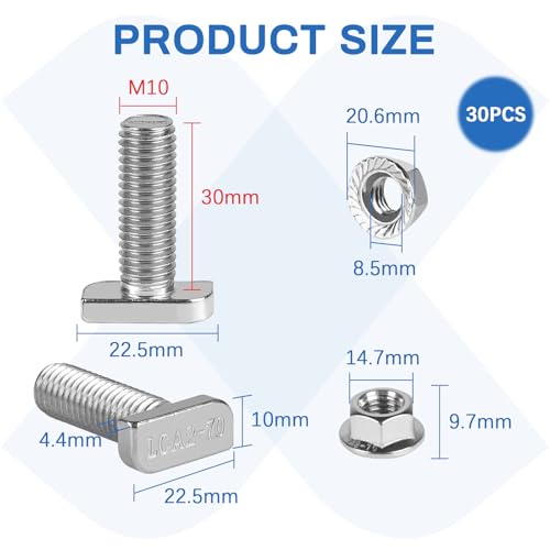 EXLECO 30 x Hammerkopfschrauben M10x30mm Edelstahl Hammerkopf Schrauben T Nut Bolzen mit Kunststoffbox Edelstahlschraube Befestigung mit Flanschmuttern für T Nut Schiene Gewächshaus Profilschienen
