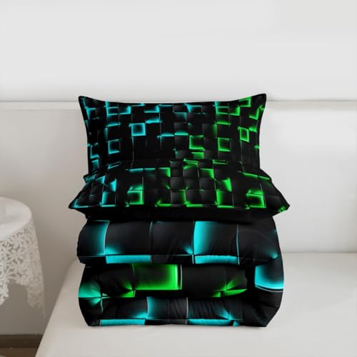 Image of Erosebridal Geometric Checkered Boys Bedding Set King Size Neon Teal Green Comforter Set for Kids Teen Men Gamer Room Decor,Abstract Ombre Plaid Comforter Grids Quilt Duvet Black