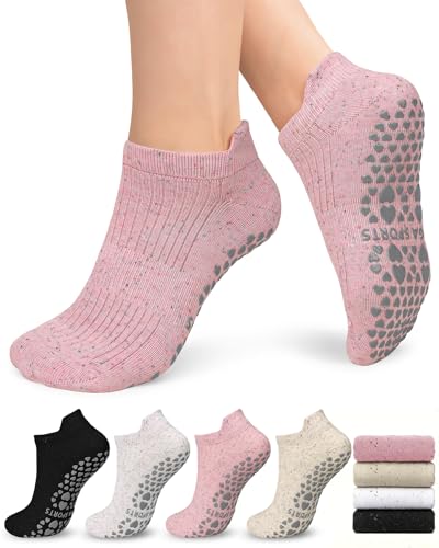 Image of yeuG Pilates Socks for Women Non Slip Grip Socks for Yoga, Barre, Hospital, Barefoot Grippy Yoga Sock Womens Gifts 4 Pairs