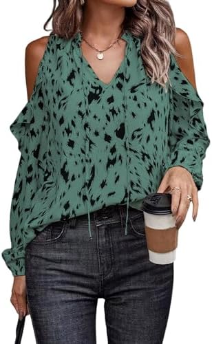 EVALESS Womens Fashion Tops Off The Shlouder Blouses Sexy V Neck Outfits Long Sleeve Leopard Print Shirts