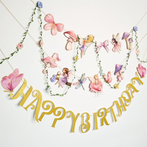 SUNBEAUTY Fairy Garden Birthday Banner Butterfly Mushroom Floral Party Decor for Girls Baby Shower, First Birthday, Summer Fall Theme Celebration, Outdoor Indoor Fairy Tale Decorations