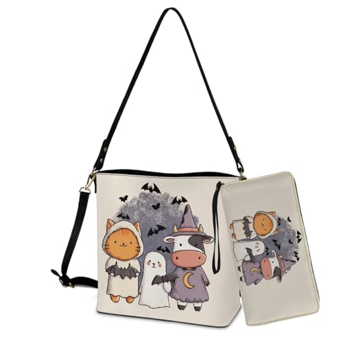 Womens Crossbody Bucket Bag with Wallet Leather Tote Purse Set Top Handle Shoulder Hobo Bag Handbag for Halloween