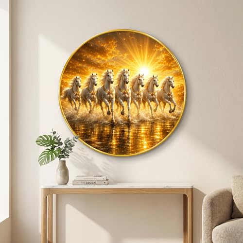 Image of SAF 7 Horse Vastu Round Wall Painting with Premium PVC Golden Frame, Golden White Running Horses Sunrise Water Art for Living Room Office Home Decor Gift (12 x 12 Inch) GRS-448