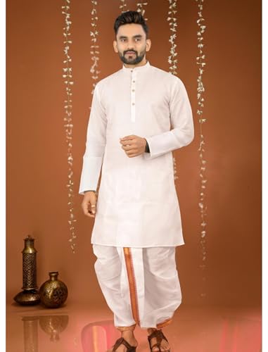 Image of UNIQUE MOMENTS Men's Cotton Dhoti Kurta Set with Full Sleeves Solid Pattern Modern Style and Mandarin Collar Neck | Perfect for Puja & Celebrations