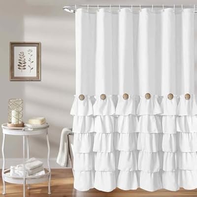 Seasonwood White Ruffle Shower Curtain Farmhouse Shower Curtain 72 X 72inch Vintage Shower Curtains with Buttons & White Ruffles for Bathroom Bathtubs Decor Accessory