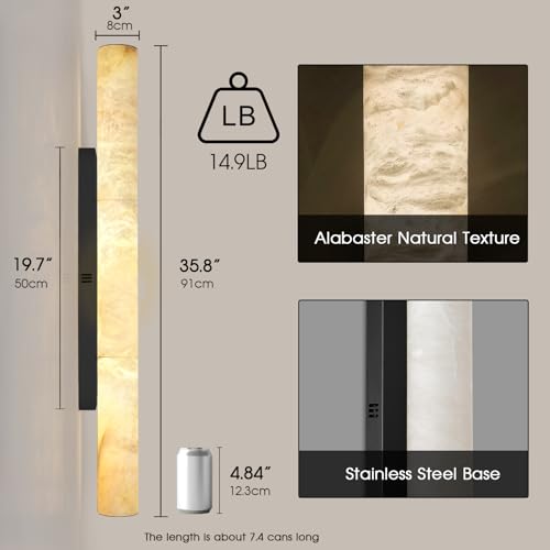 Image of Alabaster Wall Sconces, 36 inch Large Black Wall Sconce, Modern Sconces Wall Lighting, Spanish Natural Marble Wall Sconce Light for Living Room, Bedroom, Hallway, Stairs, 1PC
