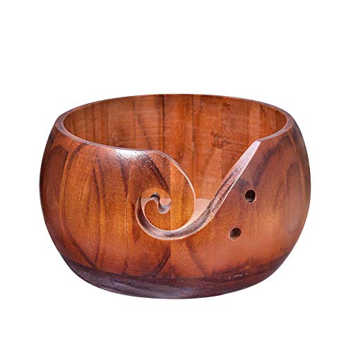 Image of Wooden Crafted Yarn Ball Storage Bowl with Carved Holes and Drills Holes Wooden Yarn Bowl for Crocheting Knitting Accessories DIY Crafts (C)