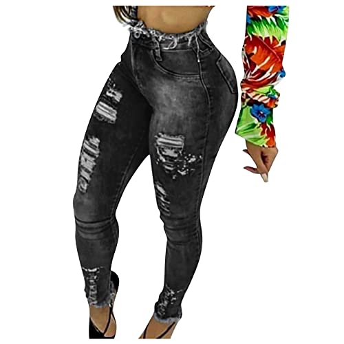 Yue668 Jeans à La Mode pour Femmes, Jeans Décontractés Slim Fit, Femme Jeans à Franges, Jean en Molleton Déchiré, Jean Brut Taille Haute