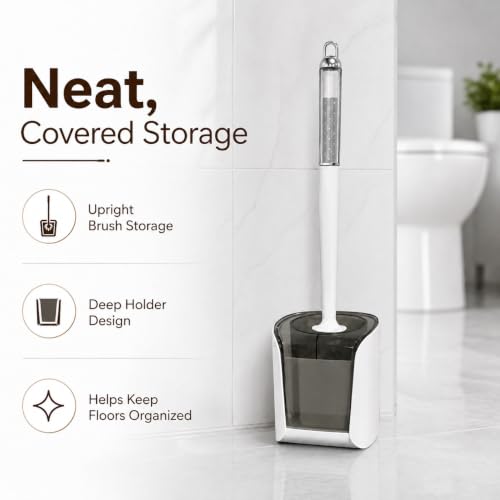 Image of Vasukie Toilet Brush and Holder Set, Wall Hanging Space Saving Toilet Scrubber with Removable Water Tray, Ergonomic Long Handle Bathroom Cleaning Kit