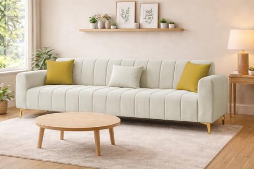 Image of Casaliving Velour Modern Velvet Sofa, Tufted Design Upholstered 3 Seater Sofa Set for Living Room, (Cream Colour) Premium Velvet Fabric Sofa | Easy to Clean