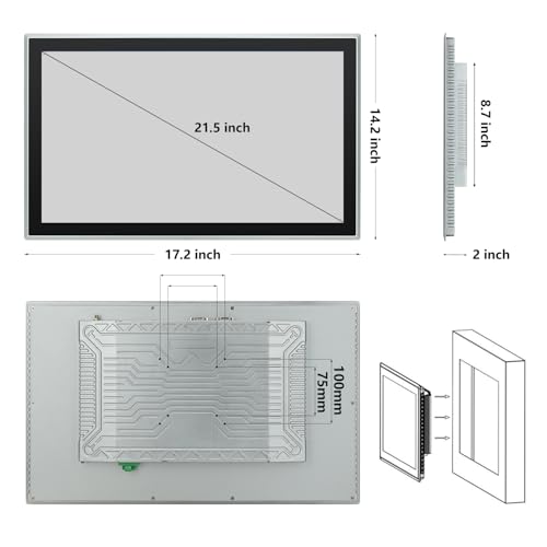Image of 21.5 inch Industrial Embedded Touchscreen Monitor, Capacitive Multi-Touch Screen Industrial Front IP65 Monitor Built-in Speakers, HD-MI in, USB, VGA, 16:9 1920x1080 Display