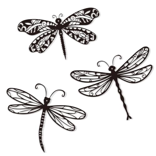 Large 14.56" Dragonflies Metal Wall Decor - 3 Pack Rust-Proof Garden Art Dragonfly Wall Hanging Sculpture for Outdoor & Indoor Yard Fence Outside Decorations - Insects Gift for Women & Nature Lovers