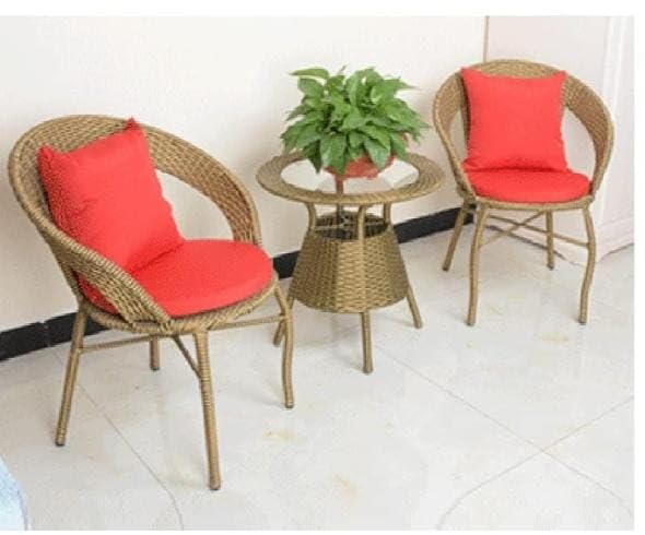 Image of PRATHAM India 2+1 Outdoor Indoor Patio Furniture Sets Rattan Wicker Chair Patio Set Bistro Set Conversation Set Balcony Outdoor Garden Furniture Chair (Golden with Red Cushion & Pillow)