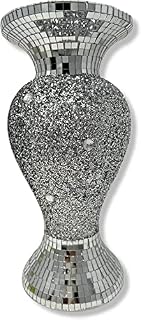 Silver Vase Statue Sparkle Ornament Bling Crushed Diamond Gift | Fully Crushed mirrored flower pot with floral design - VM 459| Crushed Diamond Display |Gift Present for all occasion Home Decoration