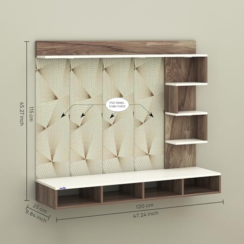 Image of amaflip Laura Engineered Wood Wall-Mount TV Unit with Printed PVC Back Panel & LED Lights | TV Cabinet with Storage Box & Decorative Shelves (Coachwood /White) for TVs up to 43 Inch | DIY Installation