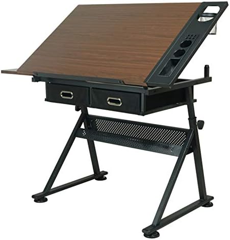 XIONGGG Height Adjustable Drafting Desk Tiltable Tabletop Drawing Table, with 2 Storage Drawers Art Writing Reading Workstation,Brown