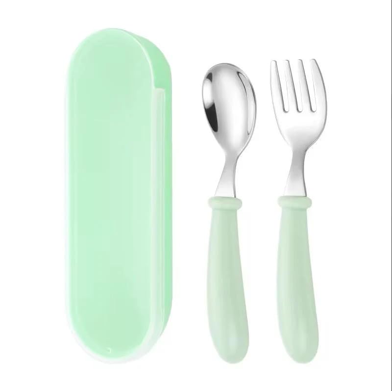 THEONI Baby Spoon & Fork Set, BPA-Free 304 Stainless Steel with Food-Grade Silicone, Travel Case Included, Self-Feeding Cutlery for 6-12 Months-image-8