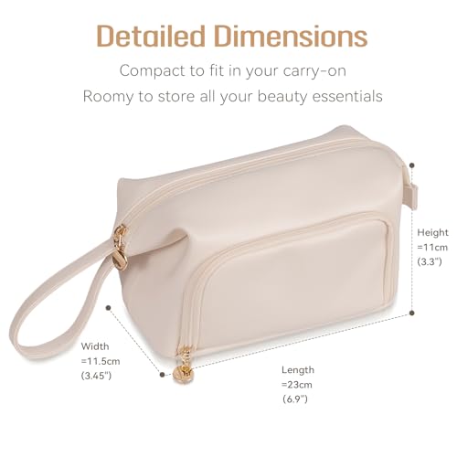 Abiudeng Makeup Bag for women,Toiletry Travel Makeup Bags Pouch with Brush Compartments, Large Portable Cosmetic Bag with Handle,Wide Open Cute Bag,PU Water-Resistant Makeup Bag-White