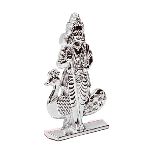 Image of anciently Murugan Statue for Car Dashboard | Kartikeya Idol for Car Dashboard, Metal, 1 Piece (Shining Silver)