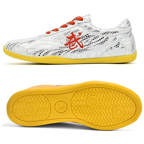 Soft Leather Tai chi Shoes for Women,Breathable Chinese Martial Arts Kung fu Training Sneakers Wide for Men, Ladies Tai Kwon Doe KarateWu shu Tai ji Kongfu Sports Shoes (Size:45EU/275mm,Color:White)