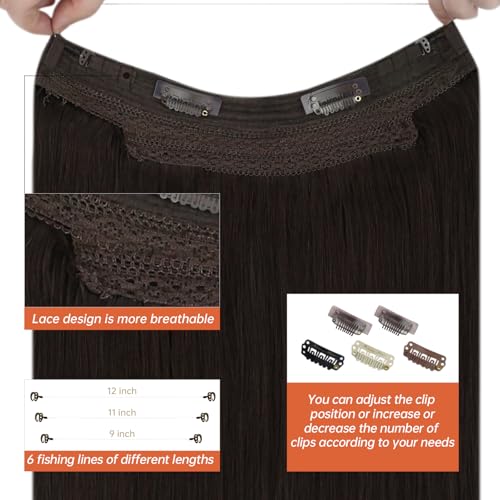 Sunny Wire Hair Extensions Real Human Hair Dark Brown Invisible Wire Hair Extensions with Adjustable Wire Brown Clip in Human Hair Extensions Natural Brown Hair Extensions 80G 18Inch