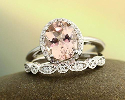Bridal Set Floral Design Morganite Wedding Set 10K White Gold Ring Set With Artdeco Band