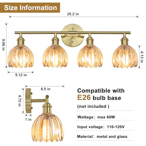 Image of Vintage Bathroom Light fixtures, Gold Vanity Lights, ETL Certified