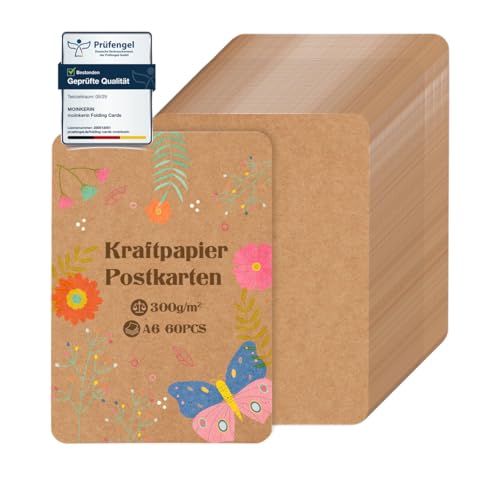 moinkerin 60 Stücke A6 Kraftpapier Karten 10.5X14.8CM 300g/m²Druckbar Postkarten Blanko Karten Blanko für DIY, Hochzeitseinladungen, Danksagungskarten