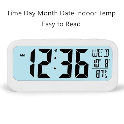 Image of FAMICOZY Digital Alarm Clock with Calendar Indoor Temperature,Adjustable Snooze,Crescendo Alarm,Manual DST,Light on Demand,No Ticking for Bedside Travel,White