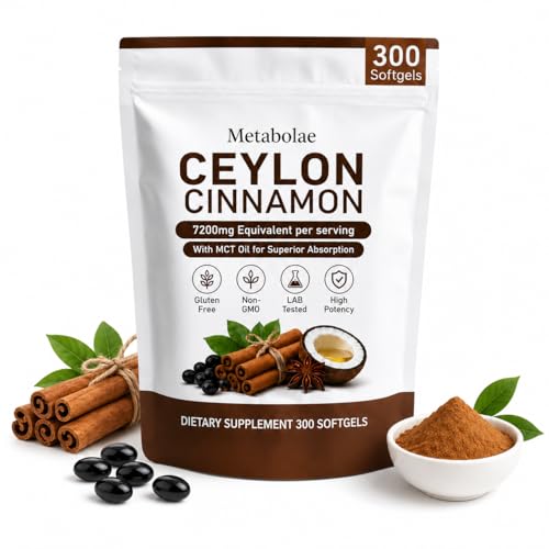 XCFXCF Metabolae Ceylon Cinnamon Softgels Equivalent per Serving Gluten Free Non-GMO Daily Cinnamon Supplement 300 Softgels