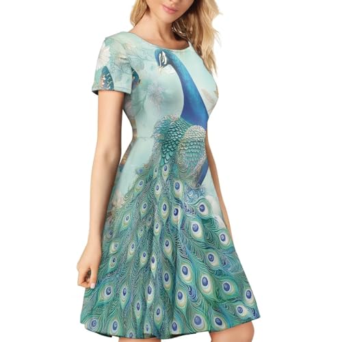 Image of HUGS IDEA Womens Puffy Swing Midi Dress Round Neck Short Sleeve Party A-Line Dresses