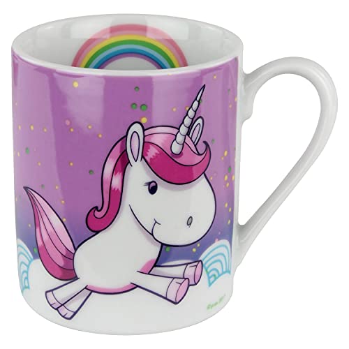 P:os 27567 - Trinkbecher mit trendigem Einhorn Motiv, Tasse für Mädchen mit ca. 200 ml Fassungsvermögen, aus Porzellan, im Geschenkkarton, mikrowellen- und spülmaschinengeeignet