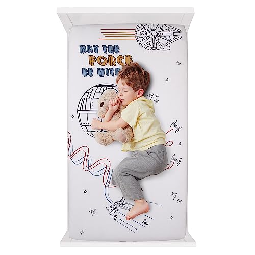 Image of NoJo Star Wars May The Force Be with You White, Blue, and Gold Millennium Falcon and Death Star Photo Op Nursery Fitted Crib Sheet