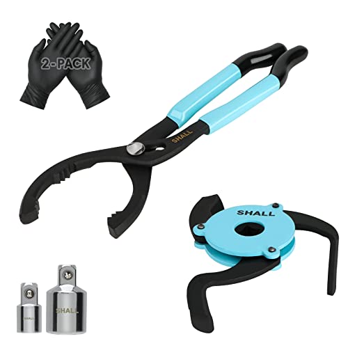 SHALL 4PC Oil Filter Removal Set, Universal 3-Jaw Oil Filter Wrench, 12 Inch Adjustable Metal Oil Filter Plier, 2PC Adapters, for Pulling Oil Filters from Cars, Motorcycles, 2-Pack PVC Gloves Included