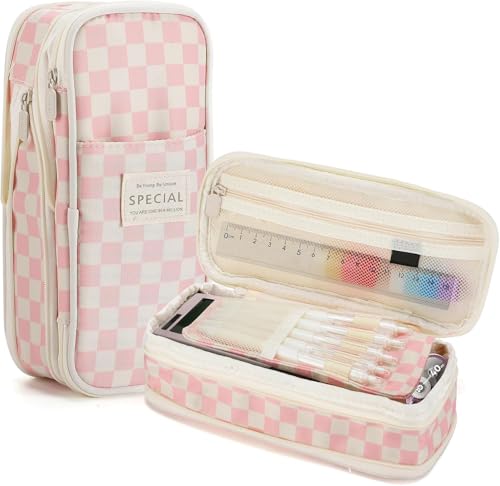 Large Capacity Pencil Case with Zipper Cute Checkerboard Pencil Pouch for School Office College Stationery Storage Bag Box Holder for Student Teen Girls Boyd Back to School Gifts (Pink)