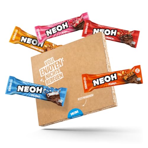 NEOH Zero Zucker Low Carb Protein Crunch Riegel Mix | Schokolade, Himbeere, Kokosnuss, Karamell, Erdnussriegel | 1g Zucker, 3g Netto-Kohlenhydrate pro Riegel | Alternative z Süßigkeiten | Probierpaket