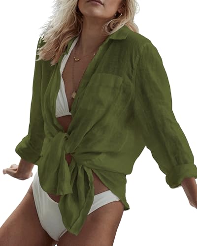 Image of Bsubseach Women Long Sleeve Beach Shirt Blouses Bathing Suit Cover Up Button Down Collar