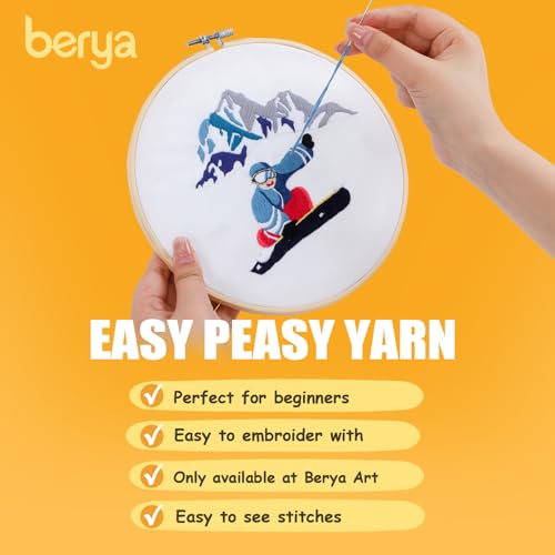 Image of Embroidery Kit for Adult Beginners,Skiers Snow Mountain Embroidery Kit with Step-by-Step Instructions & Video,Printed Cloth,7.87 inch Hoop,Display Stand,Color Threads and Tools for Craft Lover(BES011)