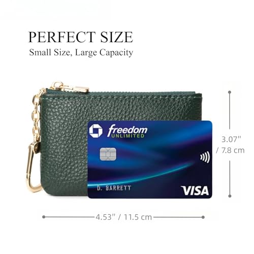Image of Full Grain Leather Coin Purse with Key Chain - Small Change Purse Keychain Card Holder Keychain Pouch Small Keychain Wallet for Women and Men (Forest Green)