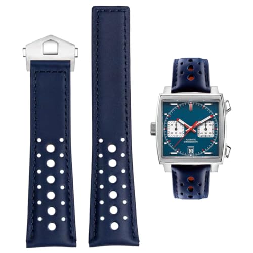 FOUUA Correa de Reloj para TAG Heuer 22mm Leather Correa de Reloj de Cuero Genuino con Correa Negra azul Para la Reemplazar la correa Serie TAG Heuer Monaco Carrera Aquarace