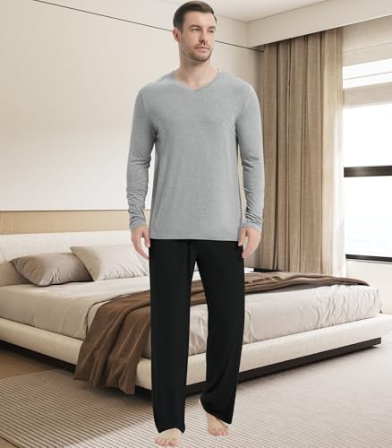 NACHILA Pajamas for Men-Viscose Made from Bamboo,Long Sleeve Pj Set Comfy Sleepewear V Neck Pajama with Pants4