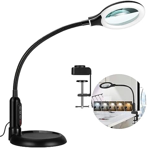 TOMSOO 10X Magnifying Glass with Light and Clamp, 5 Color Modes Stepless Dimmable Lighted Magnifier with Stand, Flexible Gooseneck LED Desk Lamp Hands Free for Craft Reading Painting Hobby Close Work