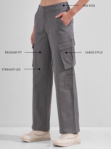 Image of Tokyo Talkies Pure Cotton Straight Wide Leg Cargo Pants |Relaxed Fit Utility Trousers