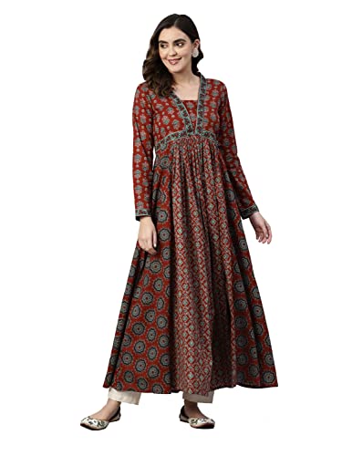Image of Vbuyz Women's Floral Print Anarkali Cotton Aqua Blue Stitched Kurta | Anarkali Kurti for Women | Kurta for Women