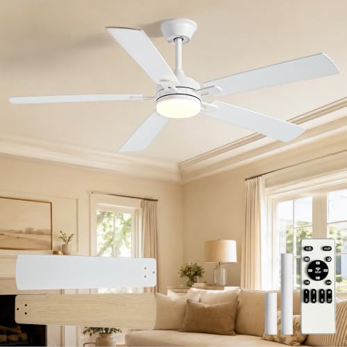 Image of Depuley 60-inch Ceiling Fan with Light: White Ceiling Fan for Living Room Indoor - Modern Ceiling Fan with Remote Control 3CCT Dimmable Noiseless 5 Reversible Wood Blades 6 Speeds Timer