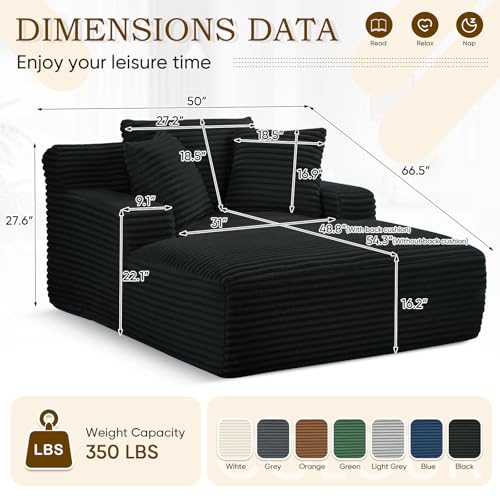 Oversized Chaise Lounge Chair Indoor,50" W Upholstered Corduroy Sofa with 3 Pillows,Comfy Fluffy Cloud Couch,Modern Deep Seat Sofa,Single Sleeper Sofa Chair for Livingroom,Bedroom,No Assembly(Black)